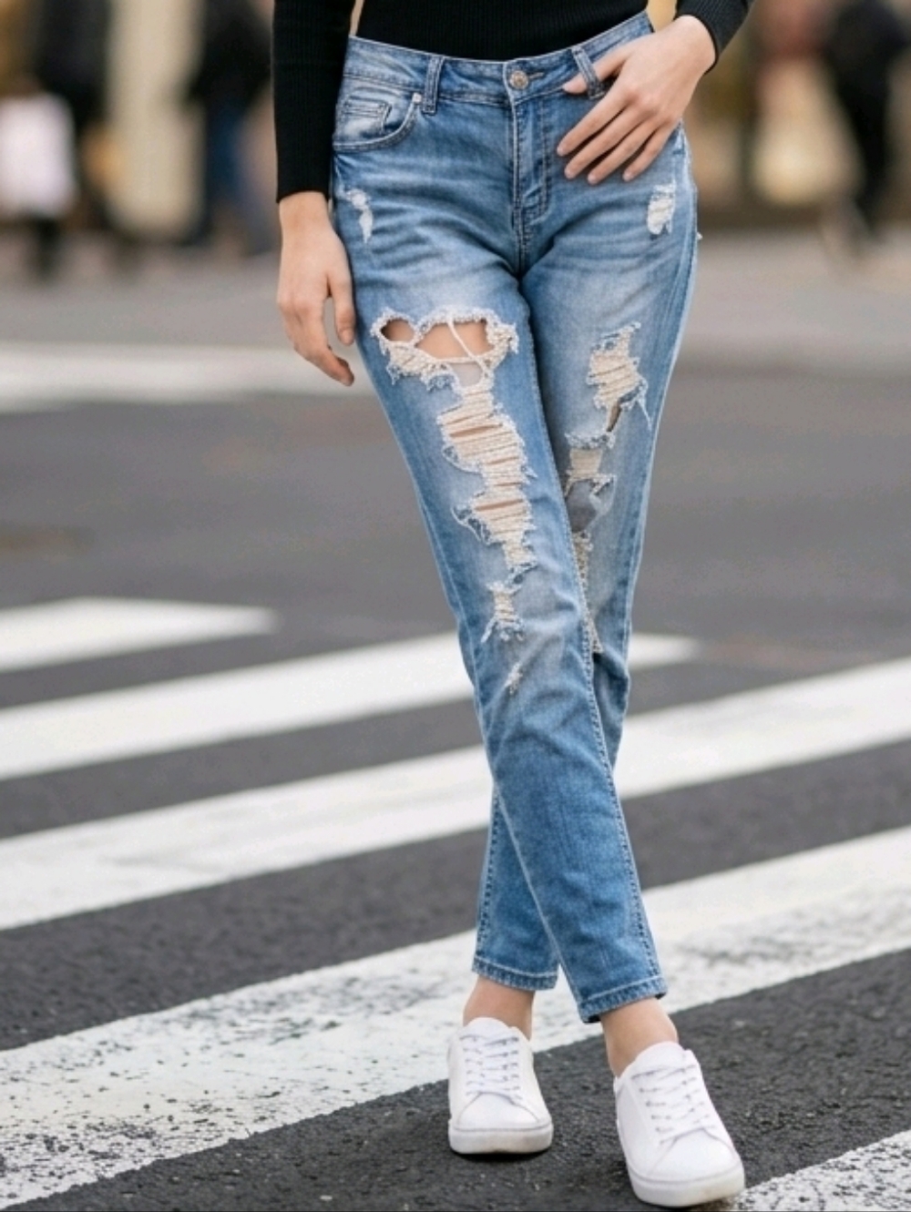 Machine Womens Distressed Blue Jeans Ripped Straight Leg Size 11‎ ST-1201